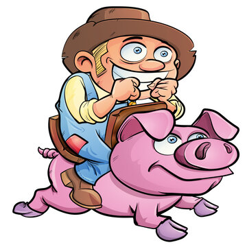 Cute cartoon farmer riding a pink pig. He is happy and excited