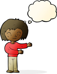 cartoon woman gesturing welcome with thought bubble