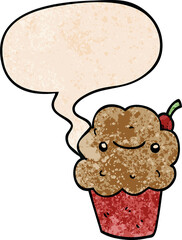 cartoon cupcake and speech bubble in retro texture style
