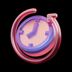 clock with rotation arrow icon glass effect on dark background 3d render concept for rewind timer