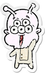 distressed sticker of a happy cartoon alien