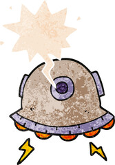 cartoon UFO and speech bubble in retro textured style