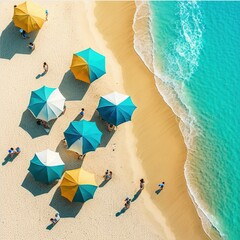 shoreline and umbrellas illustration, people walking on beach, aerial high angle view, Generative Ai