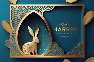Easter greeting card with bunny ears and gold texture frame. Vector 3d abstract paper cut illustration. Copy space for text. Easter rabbit with lettering Happy Easter on blue background, AI generated