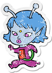 distressed sticker of a pretty cartoon alien girl running