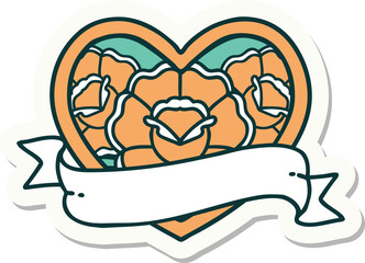 tattoo style sticker of a heart and banner with flowers