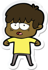 sticker of a cartoon exhausted boy
