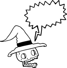 speech bubble cartoon skull wearing witch hat