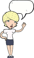cartoon woman waving with speech bubble