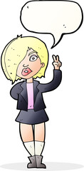 cartoon cool girl giving peace sign with speech bubble