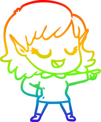 rainbow gradient line drawing happy cartoon elf girl pointing