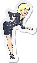 retro distressed sticker of a cartoon businesswoman explaining