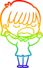 rainbow gradient line drawing cartoon woman talking loudly