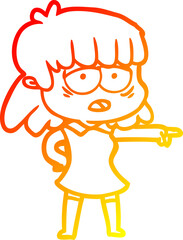 warm gradient line drawing cartoon tired woman pointing