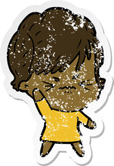 distressed sticker of a cartoon frustrated woman