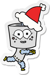 happy sticker cartoon of a robot wearing santa hat