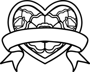 black line tattoo of a heart and banner with flowers