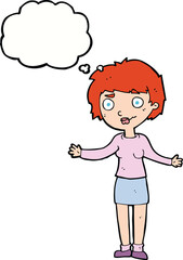 cartoon confused woman with thought bubble