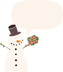 cartoon snowman and speech bubble in retro style