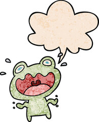 cute cartoon frog frightened and speech bubble in retro texture style