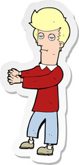 sticker of a cartoon bored man showing the way