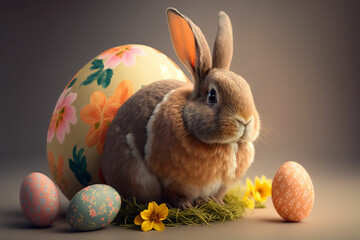 cute white easter egg bunny surrounded by easter eggs with copy space, banner design for web page and social media with Generative AI technology