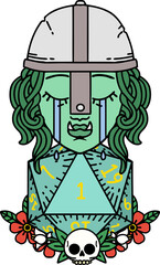 crying orc fighter character with natural one D20 roll illustration