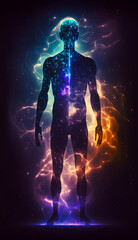 Fototapeta na wymiar Astral body silhouette with abstract space background. Esoteric, spiritual life and meditation concept. Afterlife and connection with other worlds. Generative AI.