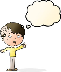 cartoon boy with growth on head with thought bubble