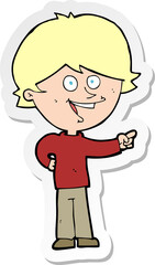 sticker of a cartoon boy laughing and pointing