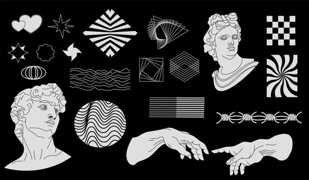 Acid Sticker Pack. Greek sculpture, surreal elements, modern statues, geometric shapes. Psychedelic stickers with antique greek sculpture. Brutalist shapes for swiss minimal style design