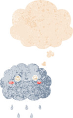 cute cartoon cloud and thought bubble in retro textured style