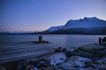 View from the island of Kvaloya, a very beautiful landscape opens up with a bridge and mountains