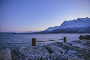 View from the island of Kvaloya, a very beautiful landscape opens up with a bridge and mountains