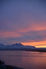 Incredible sunset in winter in tromsø, norway. Very beautiful colors of the sky, just like in the movie