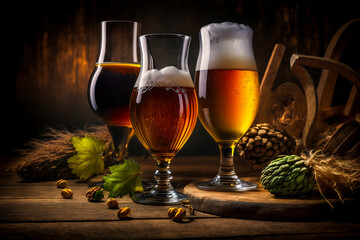 Mugs of light, wheat beer. Different grades of golden drink stand on an old wooden table during the Oktoberfest holiday. In background a barrel, wheat stalks and malt. Ad illustration. Generative AI.