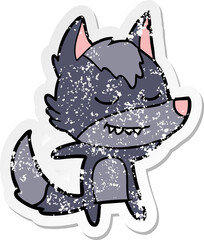 distressed sticker of a friendly cartoon wolf