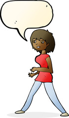cartoon woman walking with speech bubble