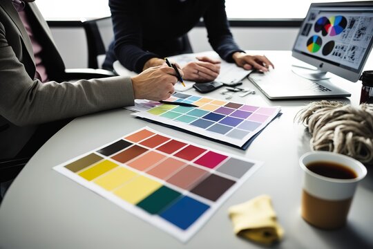 Cropped image of designer and client meeting in office. Creative workspace with color swatches and tablet computer. Interior and textile designing, AI generated