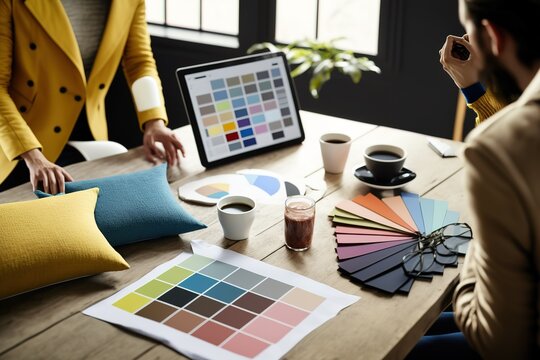 Cropped image of designer and client meeting in office. Creative workspace with color swatches and tablet computer. Interior and textile designing, AI generated