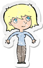 retro distressed sticker of a cartoon woman shrugging