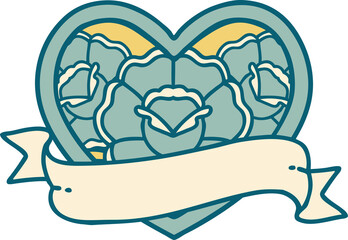 tattoo style icon of a heart and banner with flowers