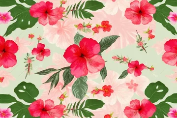 Zelfklevend Fotobehang pastel background with bunch of colorful  red hibiscus flowers,  spring theme concept, generative ai illustration © aledesun