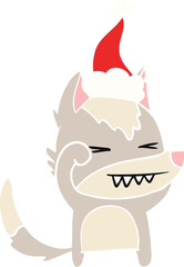 tired wolf flat color illustration of a wearing santa hat