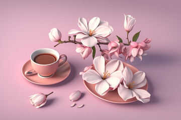Fototapeta na wymiar cup of coffee and flowers, spring breakfast theme concept, lilac palette, generative ai illustration