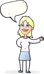 cartoon woman gesturing to show something with speech bubble