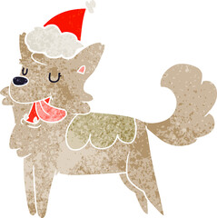 retro cartoon of a happy dog wearing santa hat