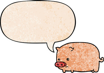 cute cartoon pig and speech bubble in retro texture style