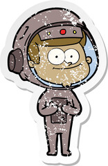 distressed sticker of a happy astronaut cartoon