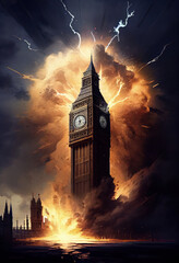 big ben exploding, london england, created with ai - obrazy, fototapety, plakaty